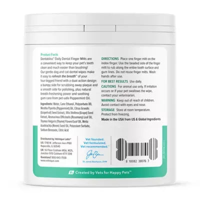 Vetnique Labs Dentablis Dog & Cat Dental Finger Mitt Wipes, Plaque Removal, Peppermint 50 Ct