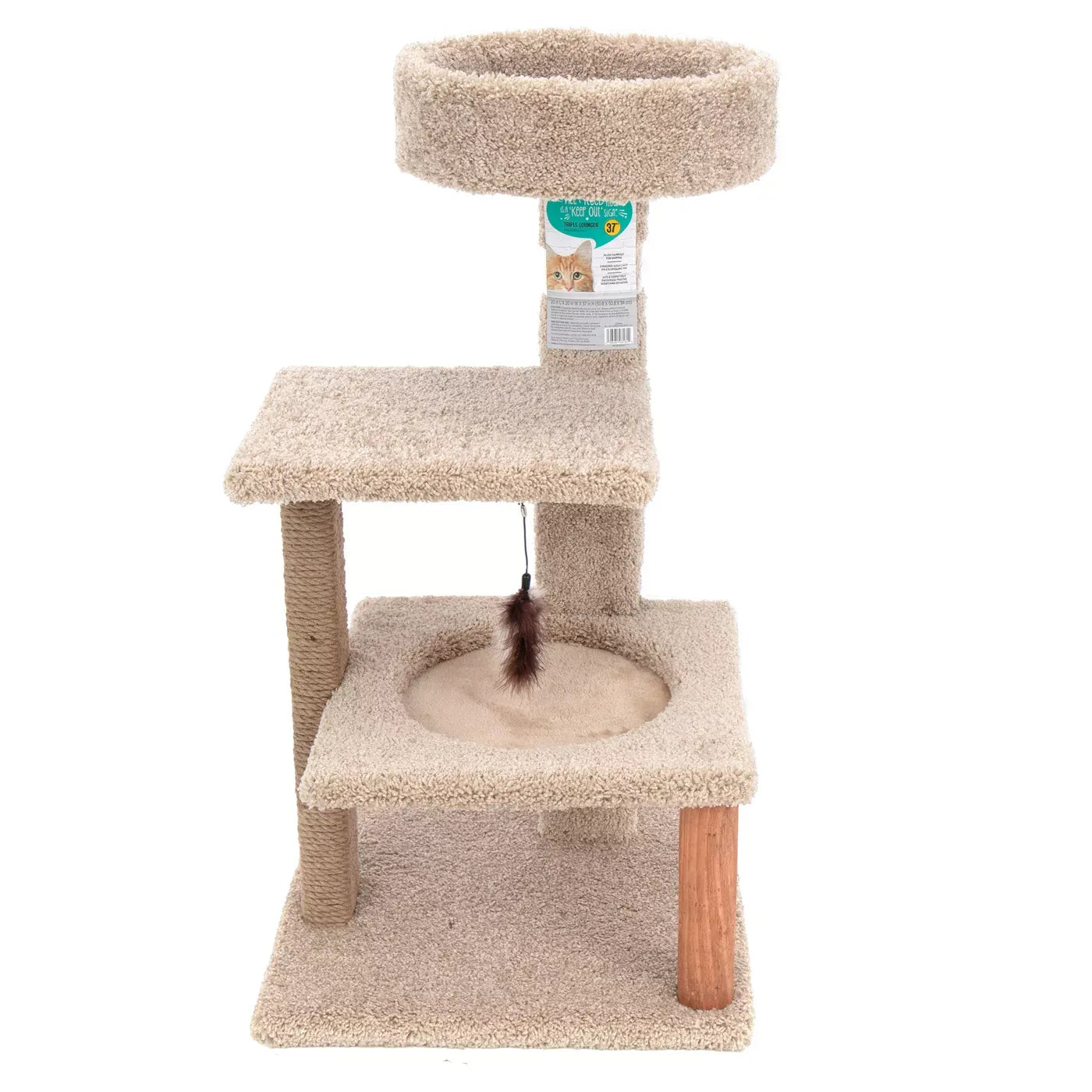 Whisker City® 37-in Cozy Climber Carpet 3-Level Cat Tower with Scratching Post (COLOR VARIES)