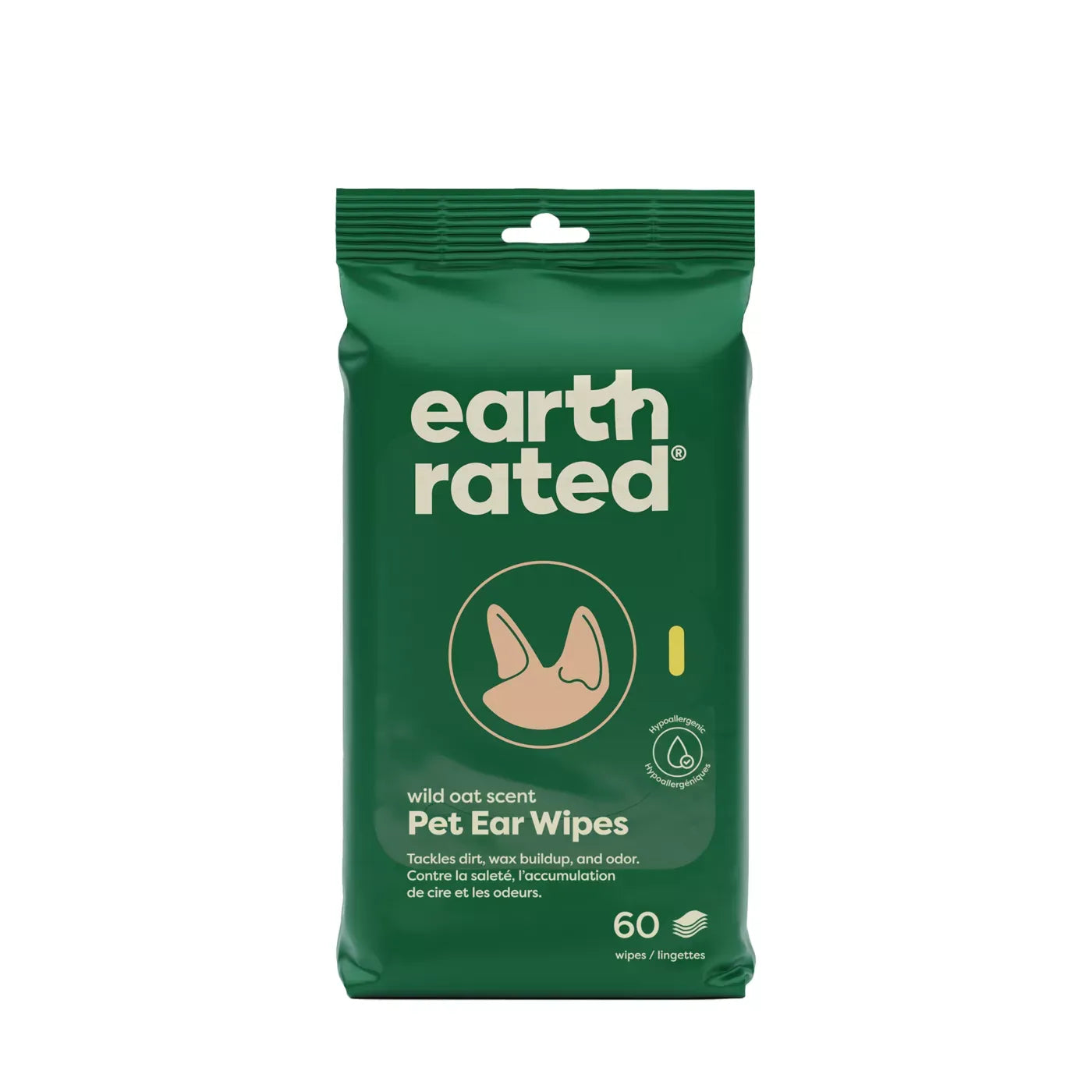 Earth Rated Hypoallergenic Ear Wipes for Dogs and Cats - Wild Oat Scent 60 Count