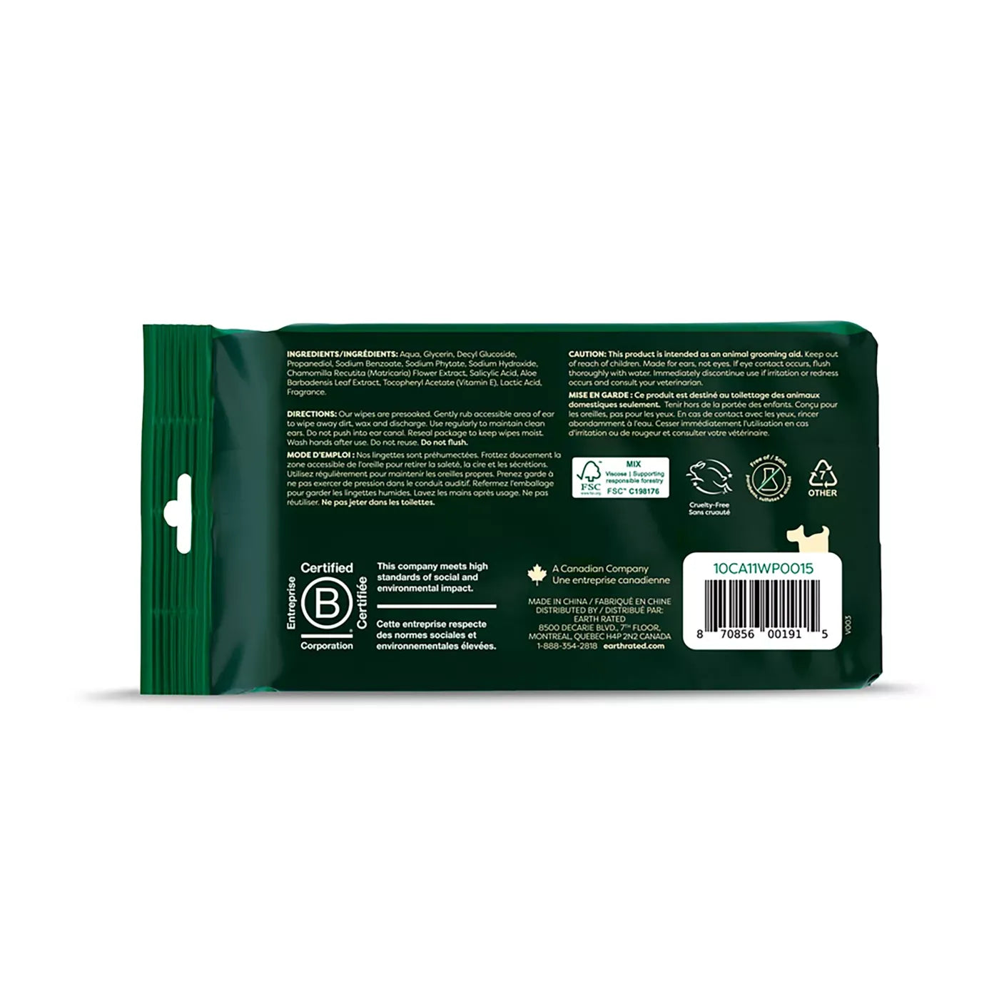 Earth Rated Hypoallergenic Ear Wipes for Dogs and Cats - Wild Oat Scent 60 Count