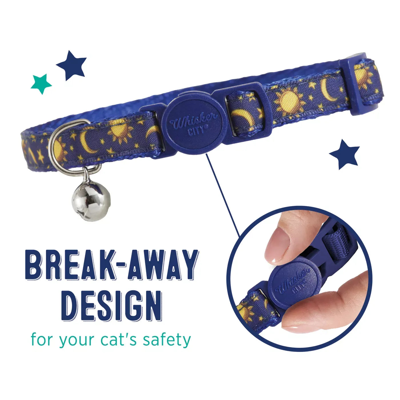Whisker City® Breakaway Cat Collar, Breakaway Kitten Collar, Moons & Stars, Blue