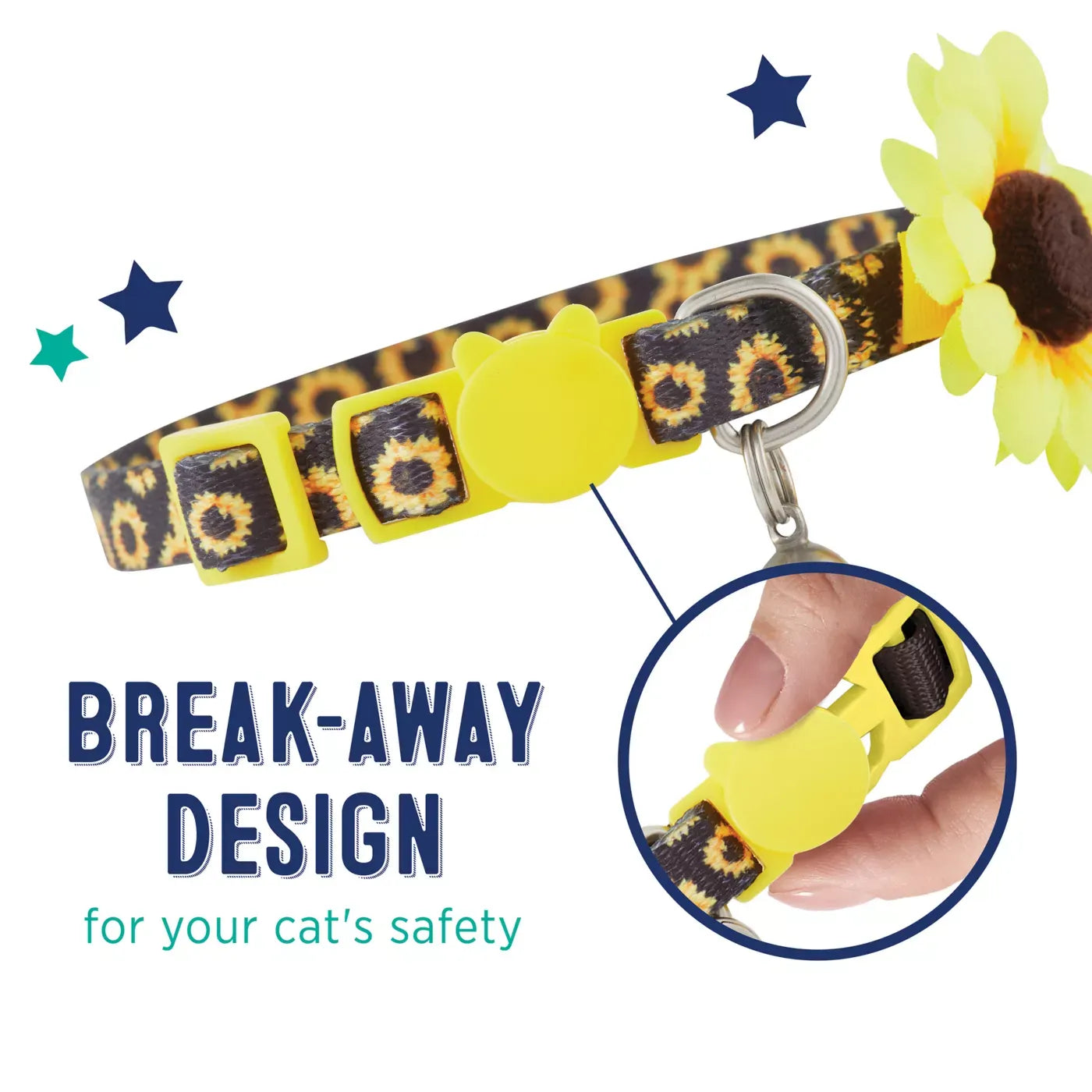 Whisker City® Sunflower Cat Collar, Black & Yellow Cat Collar, Break-Away Collar, Mulitple Sizes