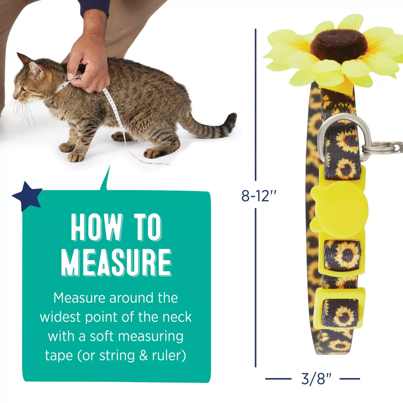 Whisker City® Sunflower Cat Collar, Black & Yellow Cat Collar, Break-Away Collar, Mulitple Sizes